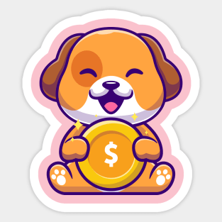 Cute Dog Holding Gold Coin Cartoon Sticker